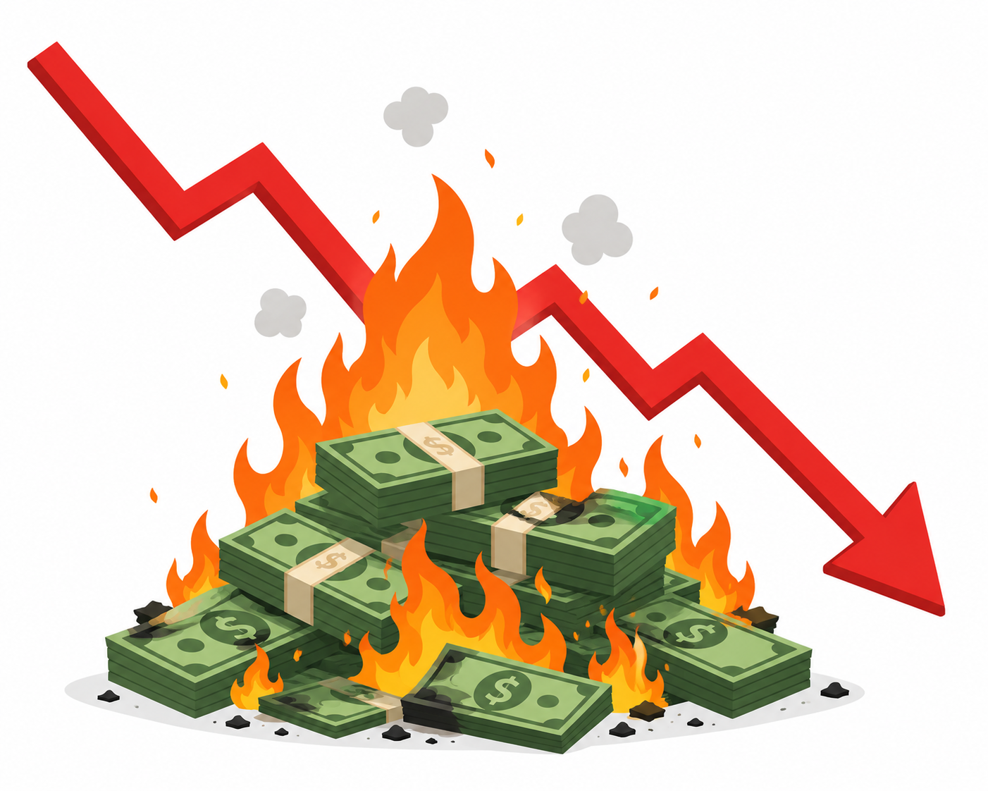 Avoiding Financial Losses and Wasted Money in Painting Businesses Burning stacks of money with a downward arrow, symbolizing financial loss and the importance of efficient budget management.
