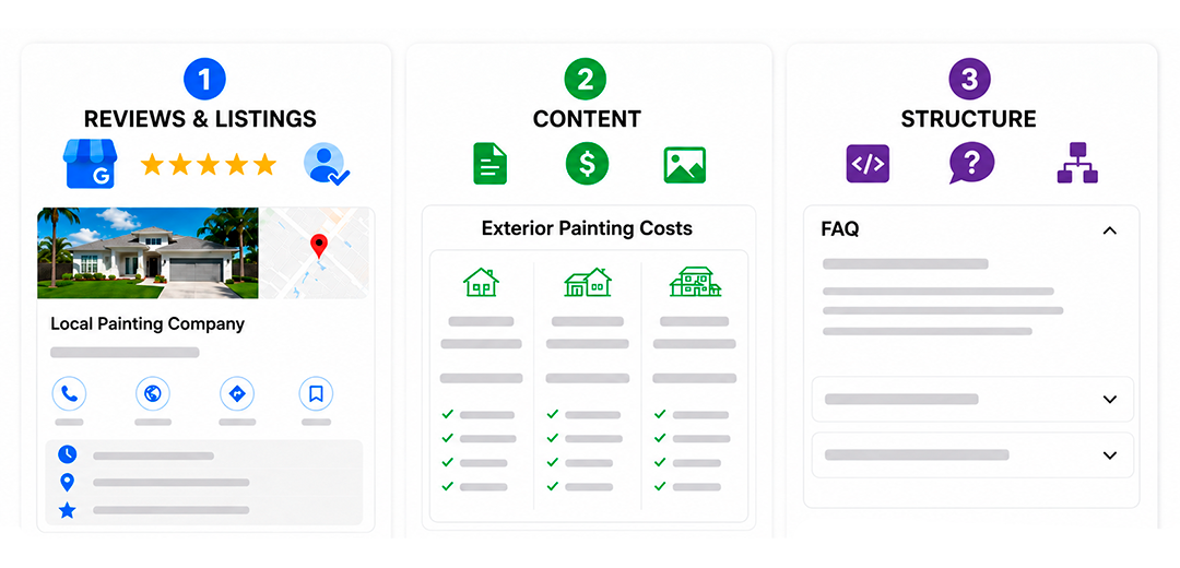 SEO Strategy for Painting Companies Local Reviews and Content An infographic illustrating three pillars of SEO for painting companies: reviews, content, and website structure.