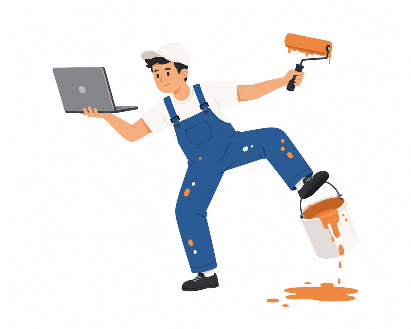 Modern Painting Business with Digital Tools and Efficiency A painter balancing with a laptop, paint roller, and dripping paint can, representing modern business.