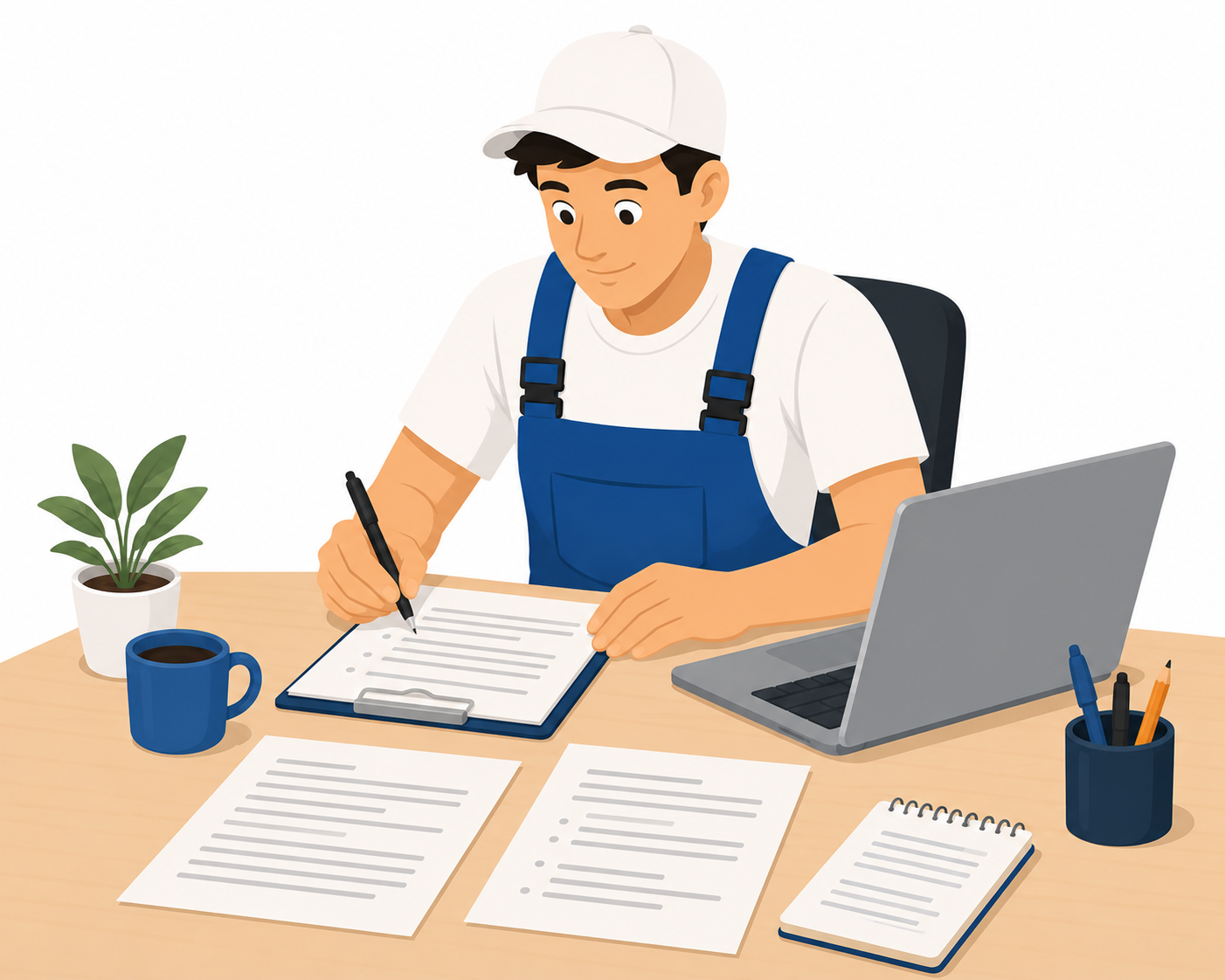 Professional Painter Managing Business Operations and Project Planning A painter sitting at a desk, writing on a clipboard, managing administrative tasks and project planning for his business.