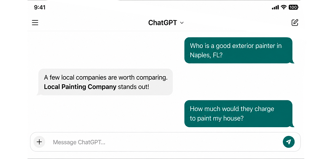 ChatGPT Recommends Local Painting Company for Exterior Painting in Naples A ChatGPT conversation showing a user asking for a good exterior painter and painting costs in Naples, FL.