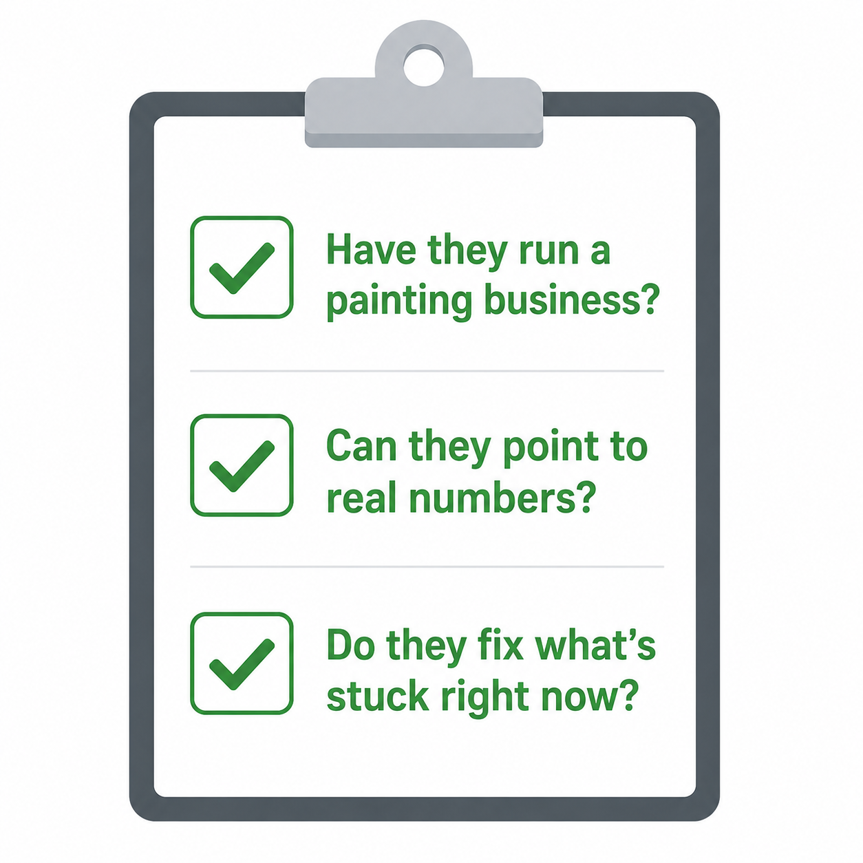 Key Questions for Choosing a Painting Business Coach A clipboard with three checked items: 'Have they run a painting business?' and other coaching questions.