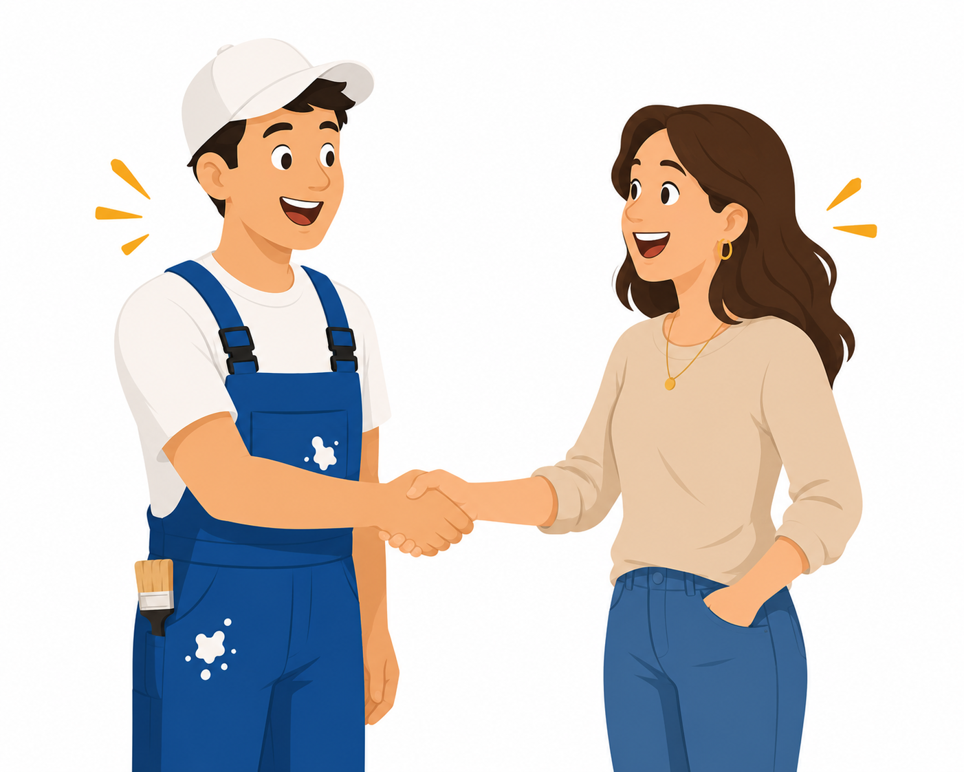 Painter Shaking Hands with a Satisfied Client Starting a Project A professional painter shaking hands with a happy female client, symbolizing trust and agreement for painting services.