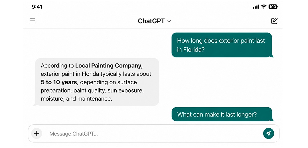 ChatGPT Explains Exterior Paint Lifespan in Florida Citing Local Painting Company A ChatGPT conversation where the AI answers how long exterior paint lasts in Florida, referencing a local painting company.