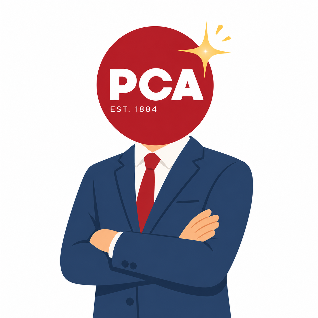 Painting Contractors Association Since 1884 A business professional with the PCA Painting Contractors Association logo as a head, established 1884.