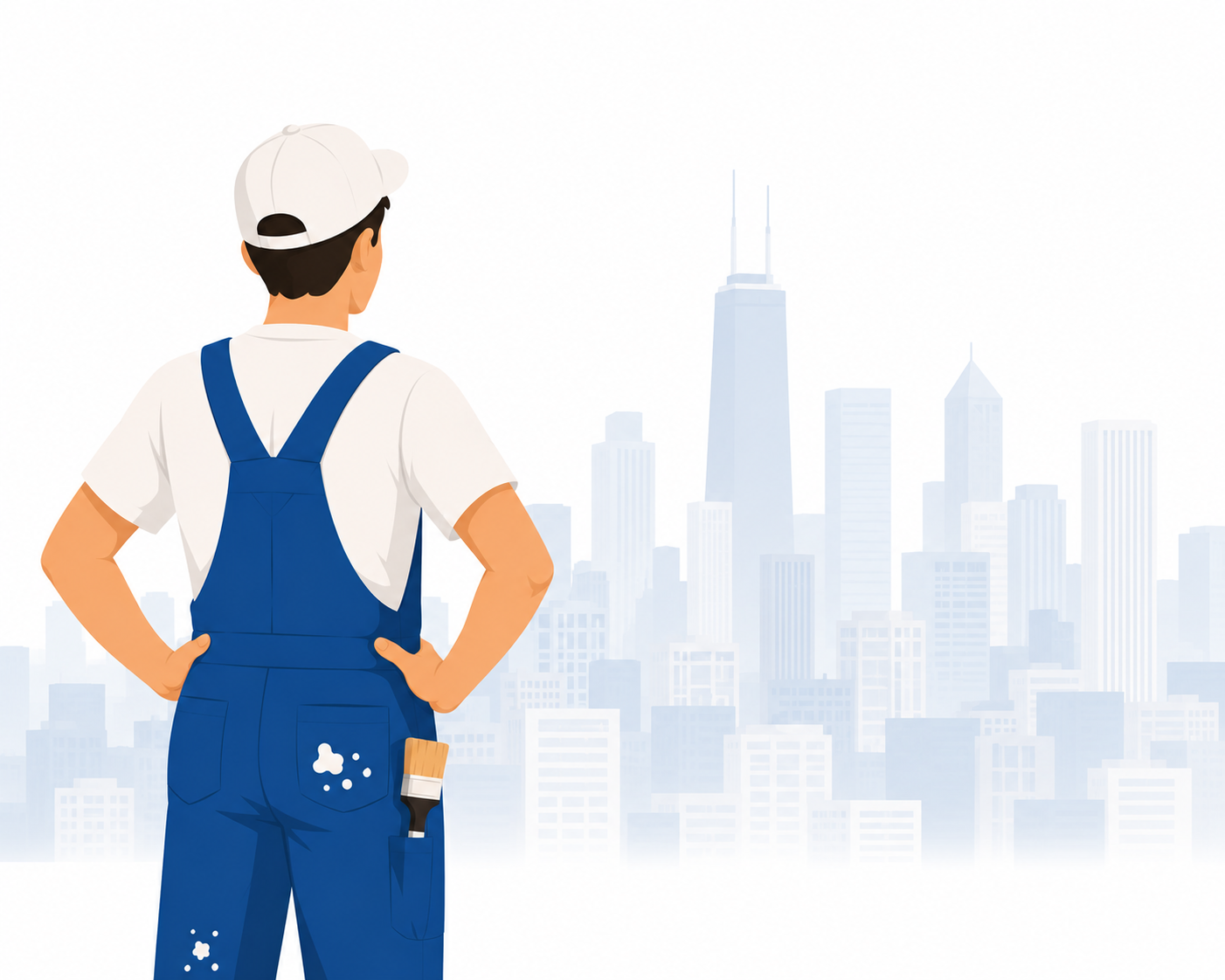 Professional Painter Overlooking a City Skyline for New Projects A painter in overalls looking at a city skyline, representing painting services for urban residential and commercial projects.