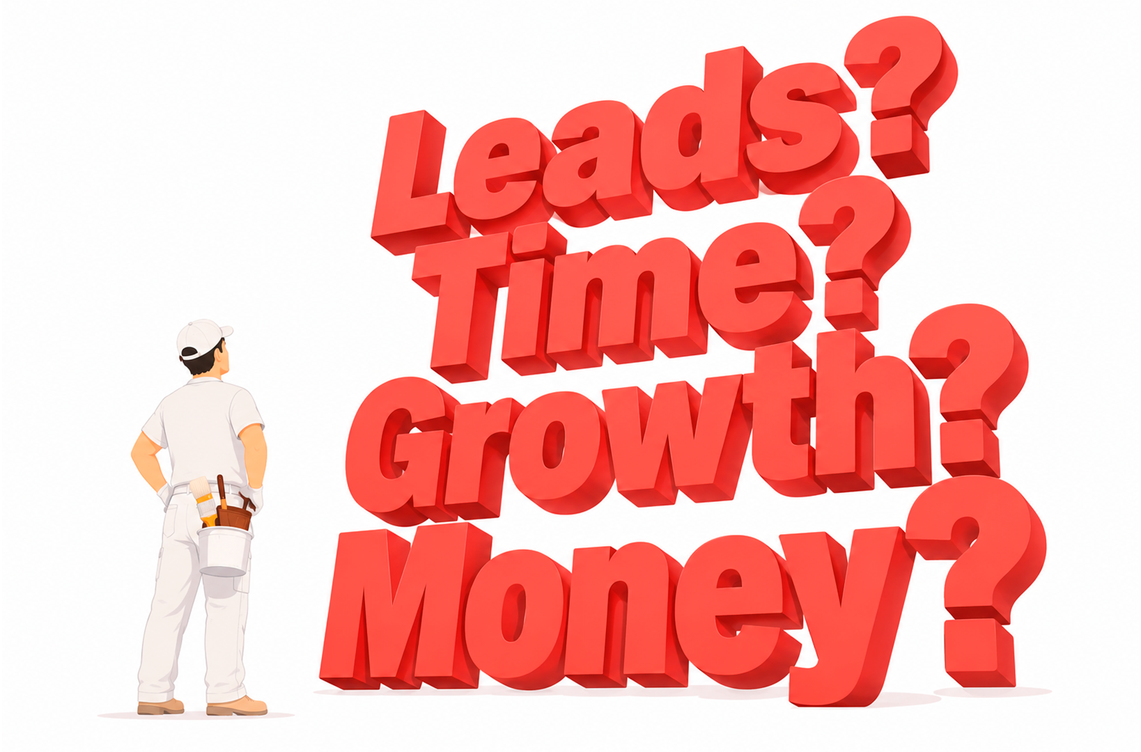 Addressing common challenges for painting business growth A painter looking at large 3D text asking about leads, time, growth, and money.