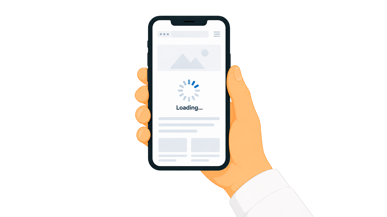 Slow Mobile Website Loading Speed Impacting User Experience A hand holding a smartphone displaying a slow loading screen, indicating poor website performance.