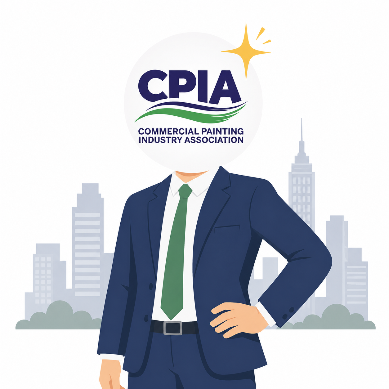 Commercial Painting Industry Association for Professionals A business professional with the CPIA Commercial Painting Industry Association logo as a head, with a city skyline.