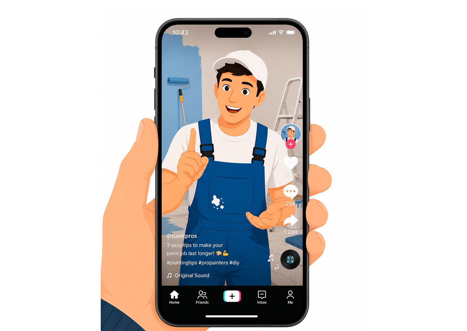 Professional Painter Shares Top Tips for Long Lasting Paint Jobs A smartphone showing a painter giving tips on social media for making paint jobs last longer, highlighting expert advice.