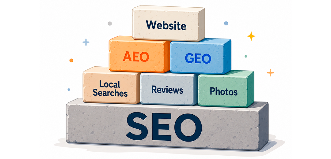 Comprehensive SEO Strategy Pyramid for Painting Contractors An SEO pyramid showing components like local searches, reviews, photos, AEO, GEO, and website, built on SEO.
