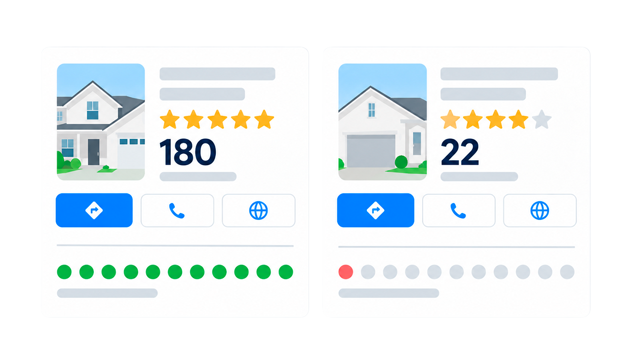 Importance of Online Reviews for Painting Company Reputation Comparison of two painting companies, one with 180 five star reviews, the other with 22 three star reviews.