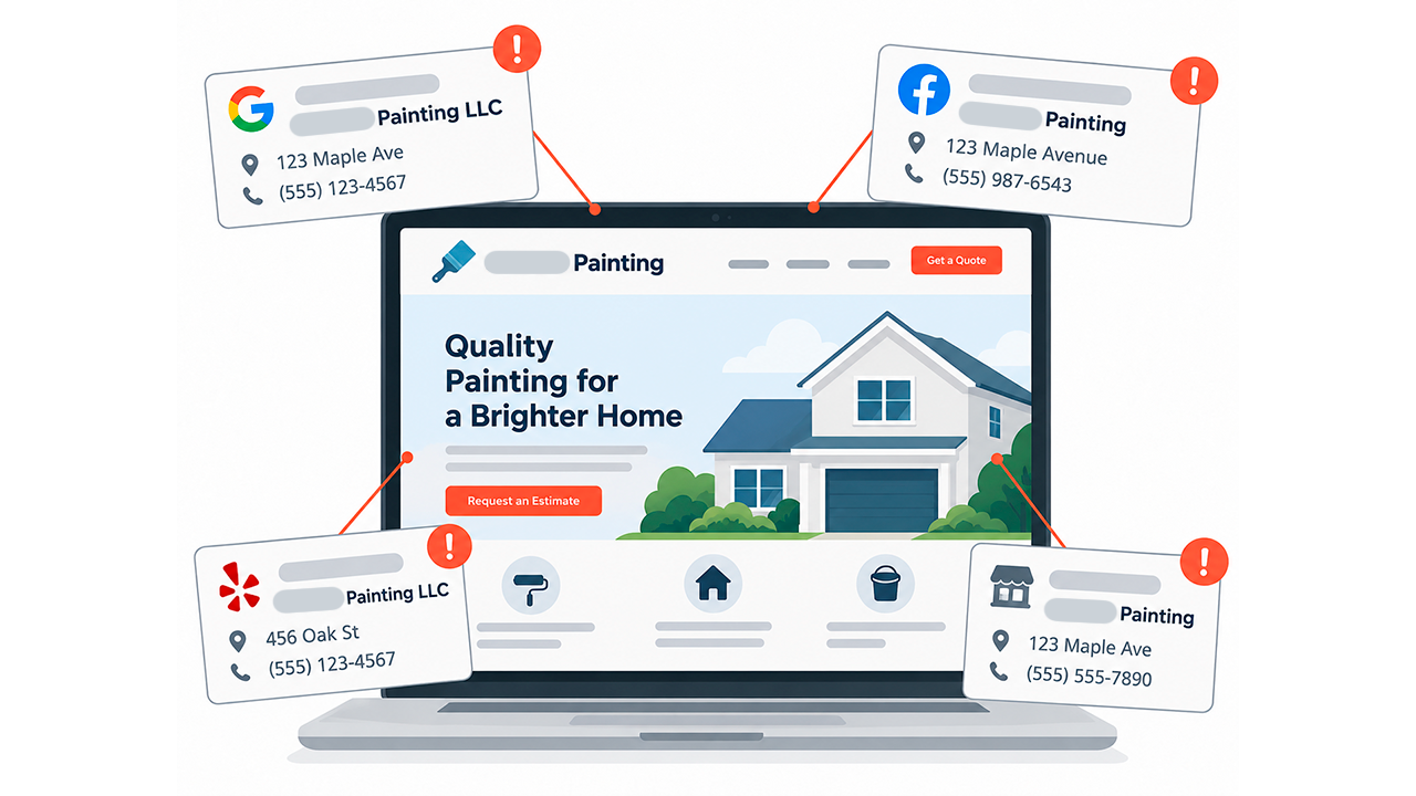 Inconsistent Business Listings Harming Painting Company Local SEO A laptop showing a painting company website, surrounded by inconsistent business listings on various platforms.