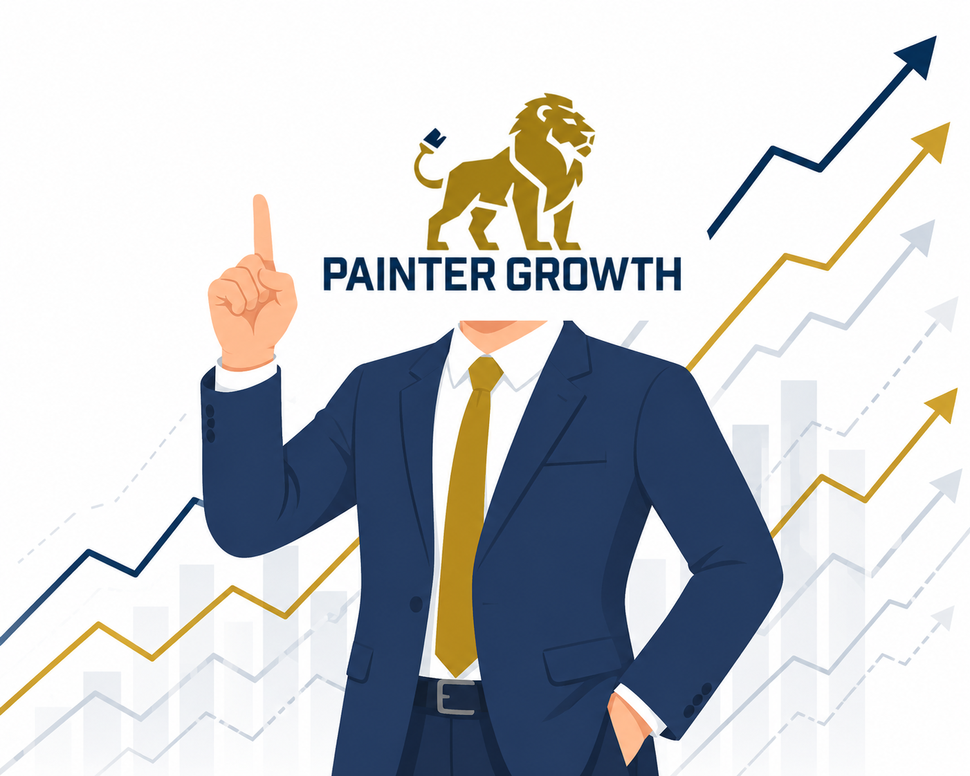 Strategies for Painter Business Growth and Success A business professional with a 'Painter Growth' lion logo head, pointing to upward trending arrows.