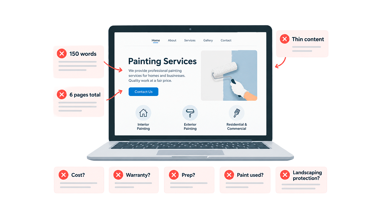 Inconsistent Business Listings Harming Painting Company Local SEO A laptop displaying a painting services website with highlighted SEO issues like thin content and missing FAQs.