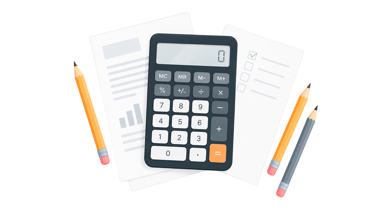 Get an Accurate Painting Project Cost Estimate A calculator, pencils, and papers with charts and checklists for painting project estimates.