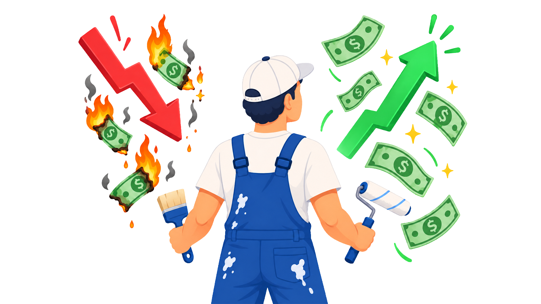 A painter stands between burning money and rising money, symbolizing profit growth for painting businesses.