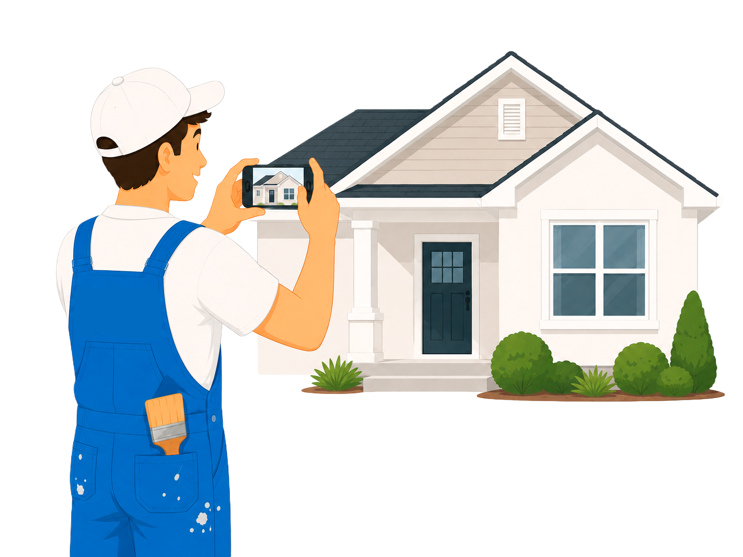 A painter in blue overalls takes a picture of a freshly painted house with his smartphone.