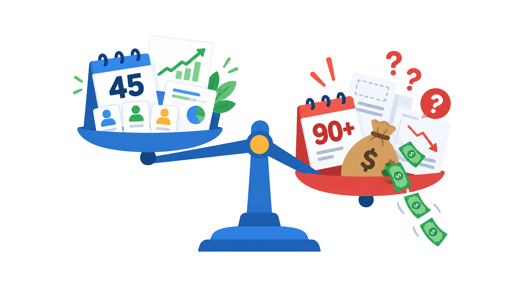 A scale comparing efficient painting project management (45 days, growth with the right agency) with long timelines (90+ days, financial loss with the wrong agency).