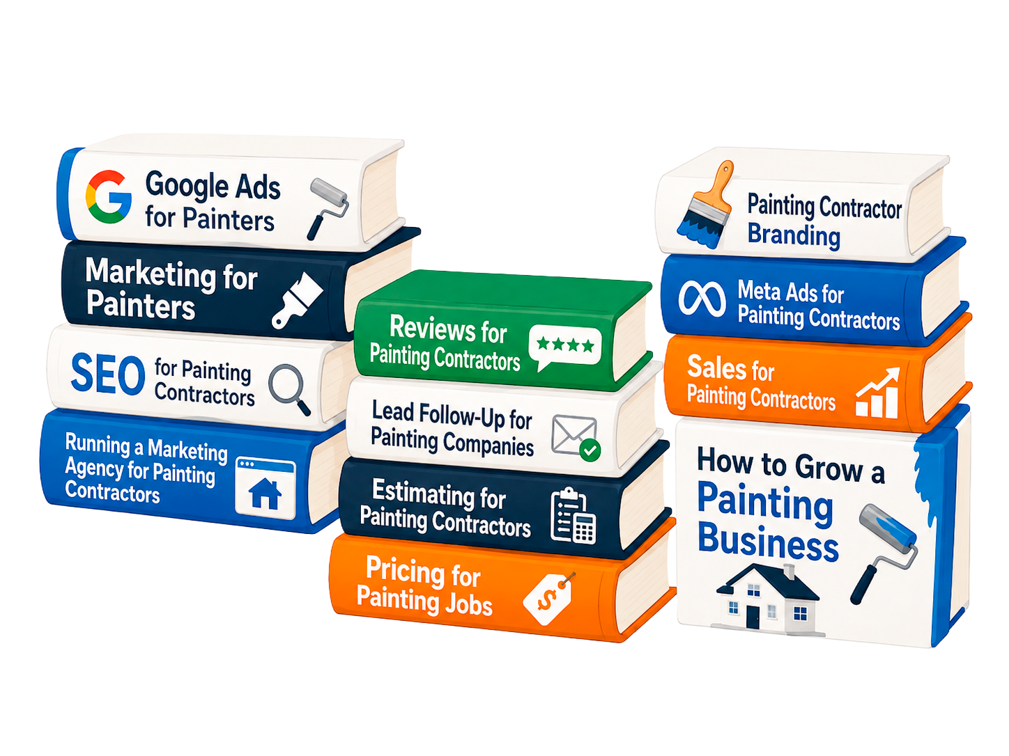 Stacks of books covering topics like Google Ads, SEO, marketing, and growing a painting business.