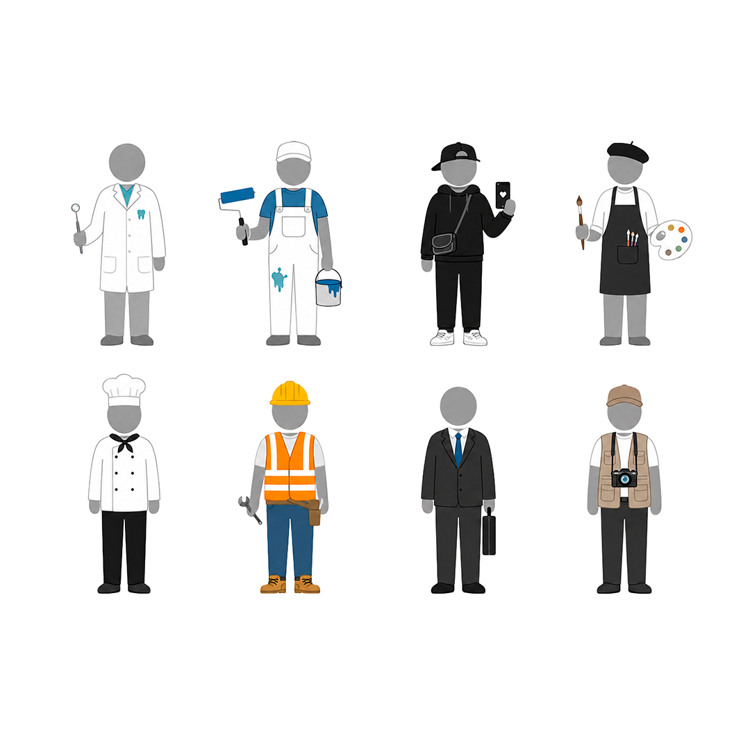 A diverse group of professional icons, including a painter holding a roller and paint bucket.