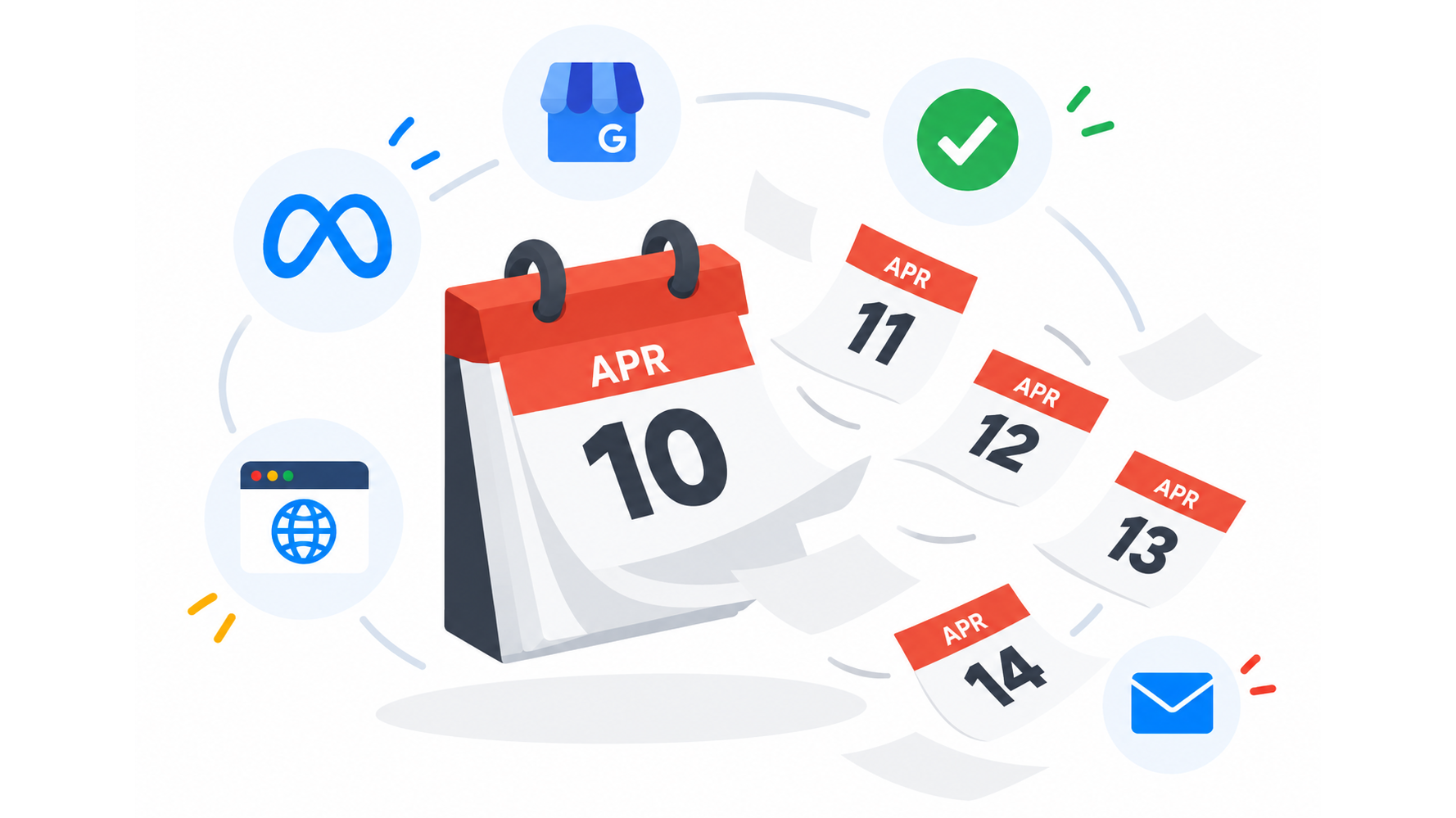 Illustration showing a calendar with dates and icons representing digital marketing channels for painting businesses.