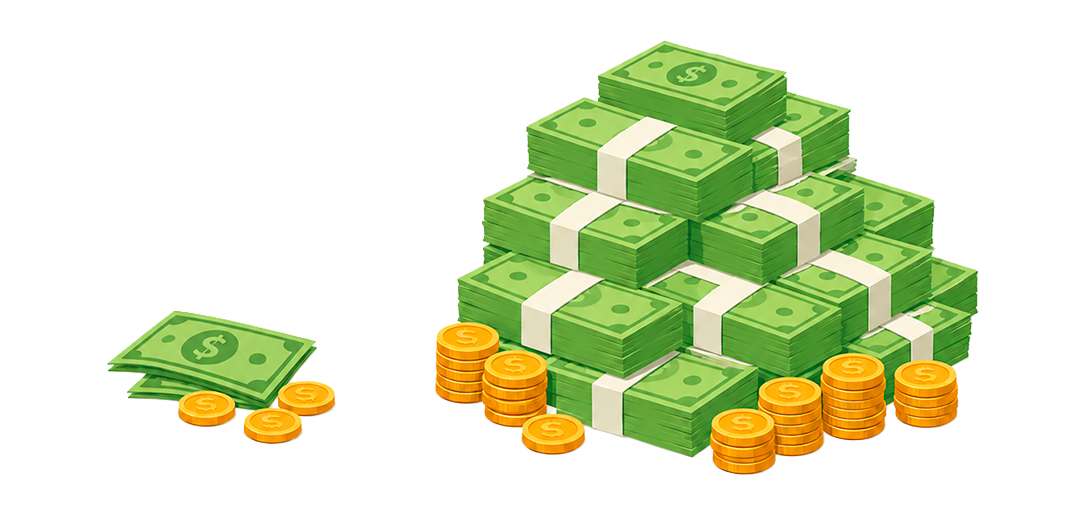 Understanding Painting Service Costs and Pricing Illustration of a large stack of money and a small stack of money, symbolizing painting project costs and value.