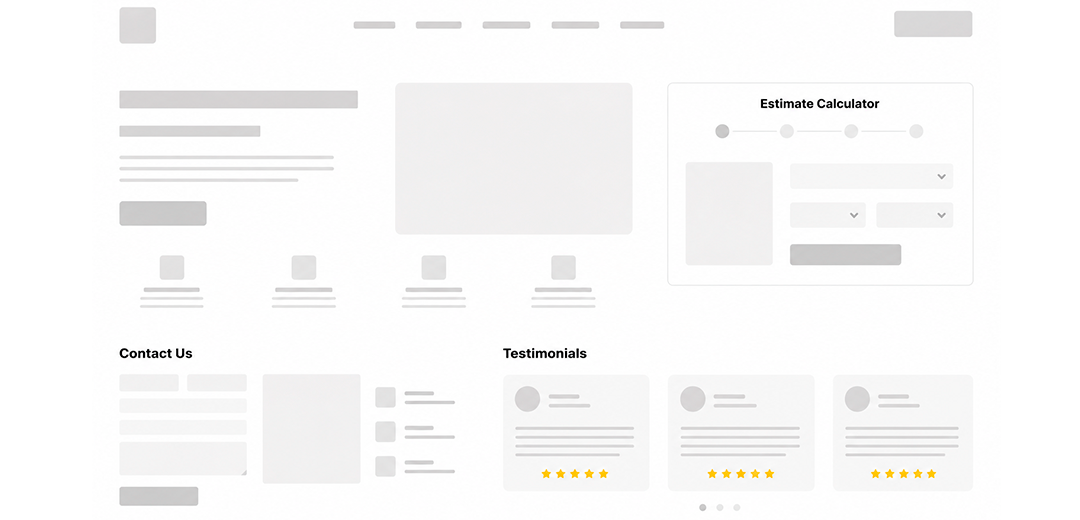 Essential Features for a Painting Company Website A website wireframe displaying an estimate calculator, contact form, and customer testimonials sections.