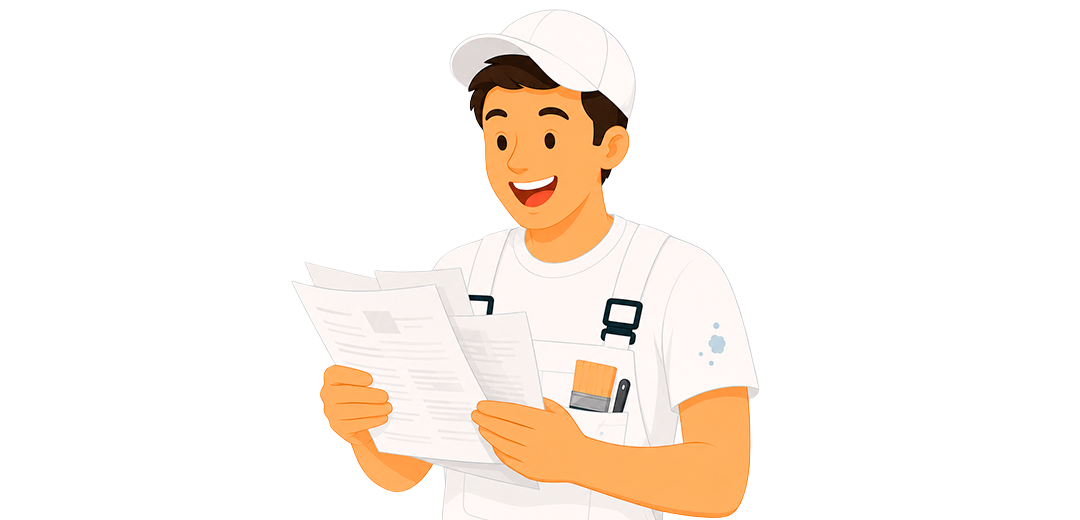 Painting Contractor Reviewing Project Details and Estimates An illustration of a smiling painter in overalls and a cap, carefully reading project documents or estimates.