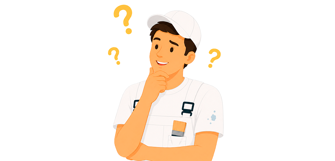 Common Questions When Hiring a Painting Contractor An illustration of a thoughtful painter with question marks, representing common painting project queries.