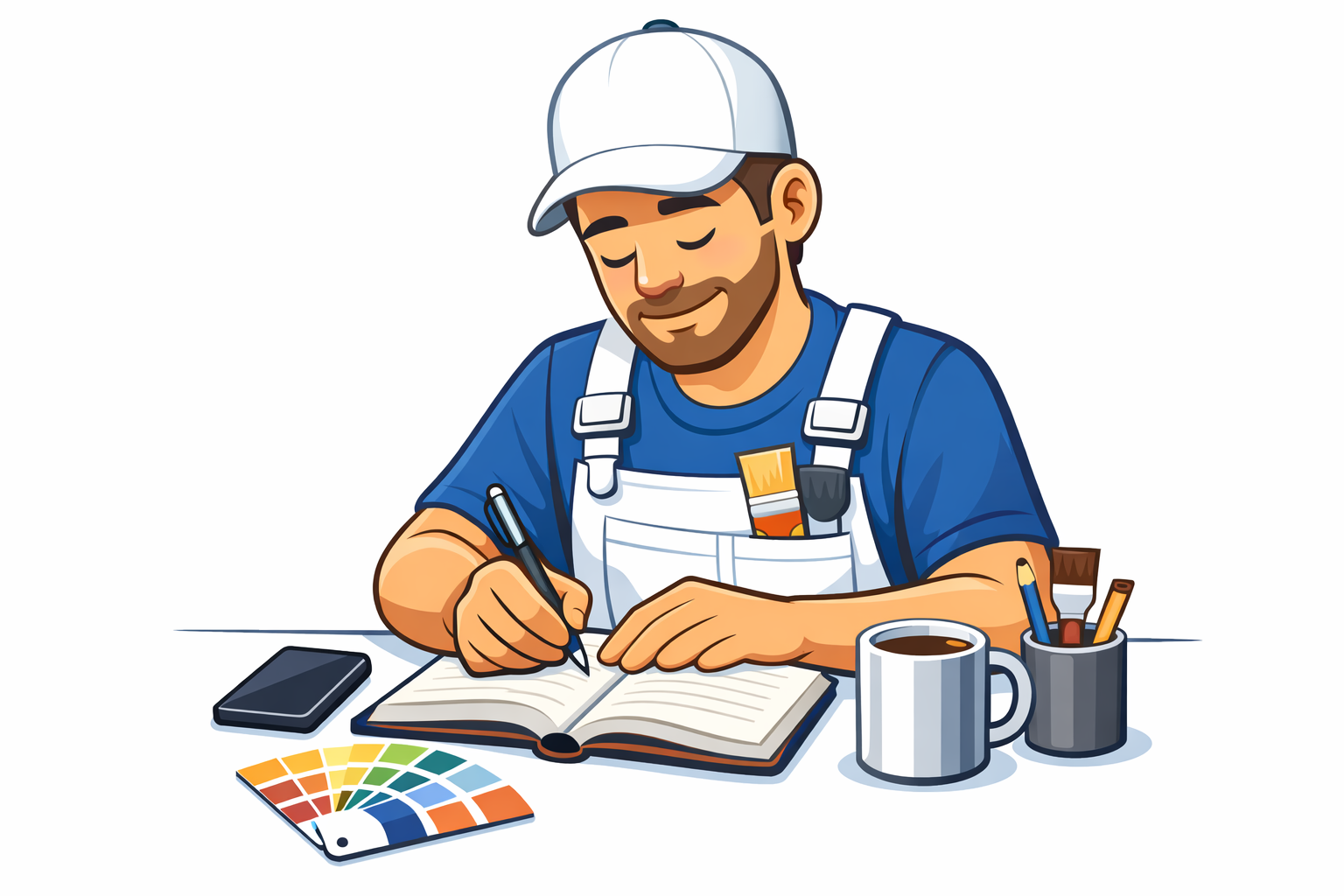 A painter in overalls and a cap writing in a notebook, with a color palette and coffee on the desk.