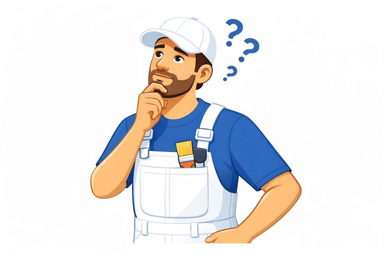 An illustration of a thoughtful male painter in overalls and a cap with question marks above his head.