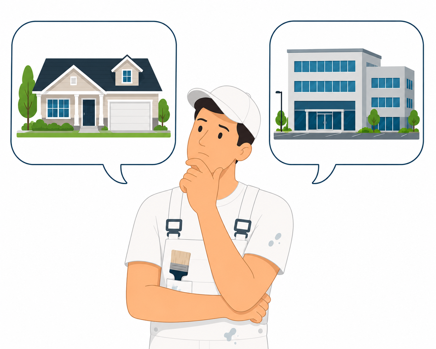 A professional painter in overalls considers offering residential house painting or commercial building painting services.