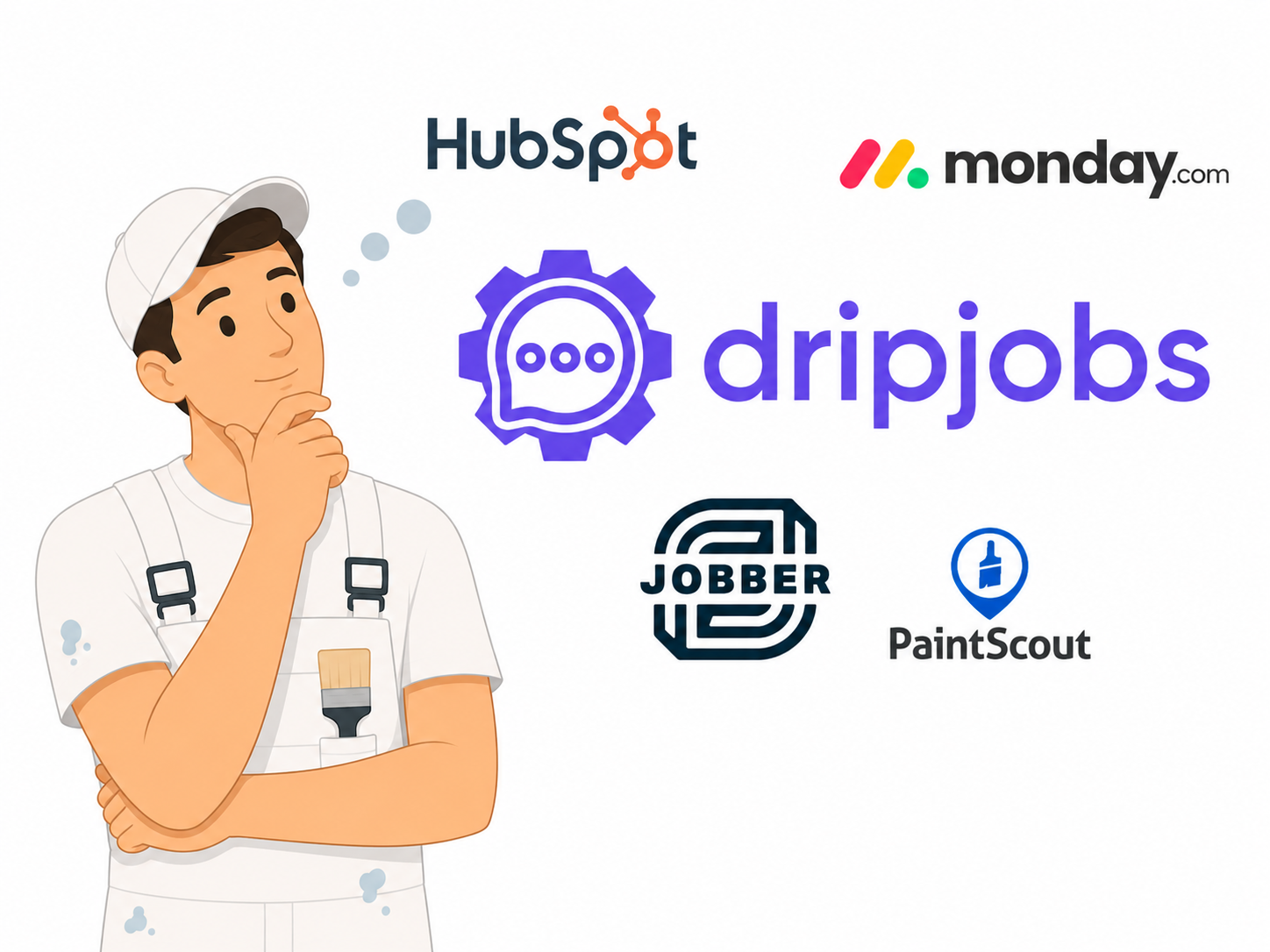 A thoughtful painter evaluating various software options for painting contractors, including Dripjobs, Jobber, and PaintScout.