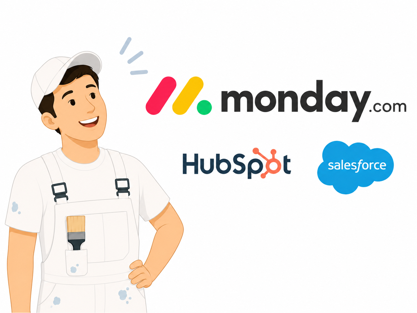 A happy painter considering top CRM and project management software like Monday.com, HubSpot, and Salesforce.