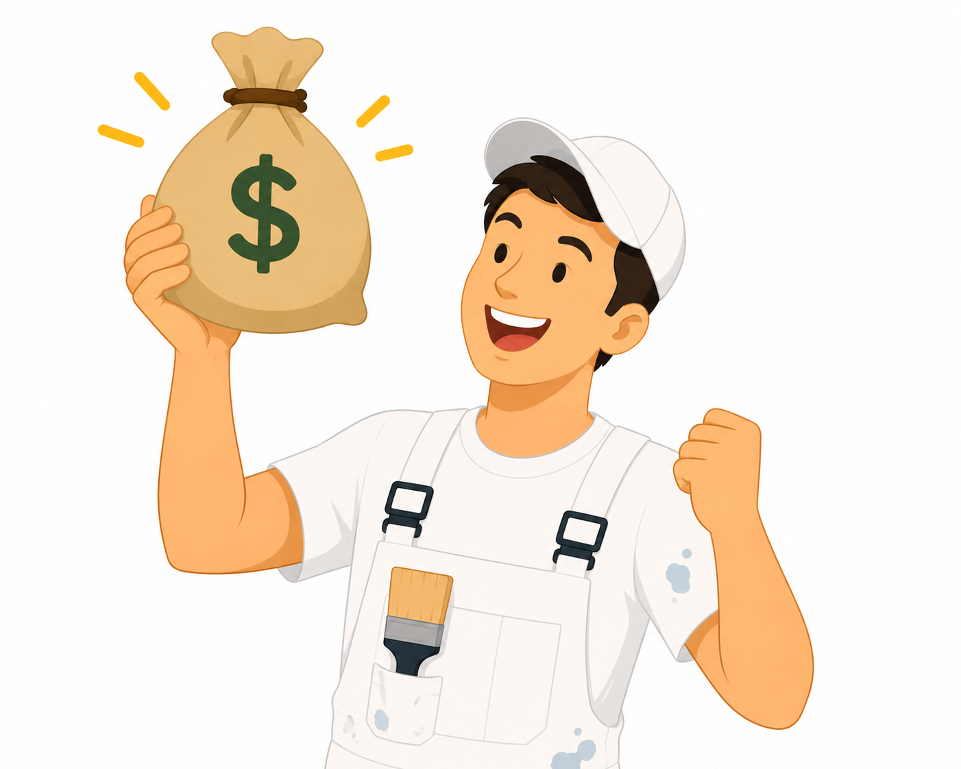 A joyful painter holding a bag of money, symbolizing increased profit and financial success for a painting company.