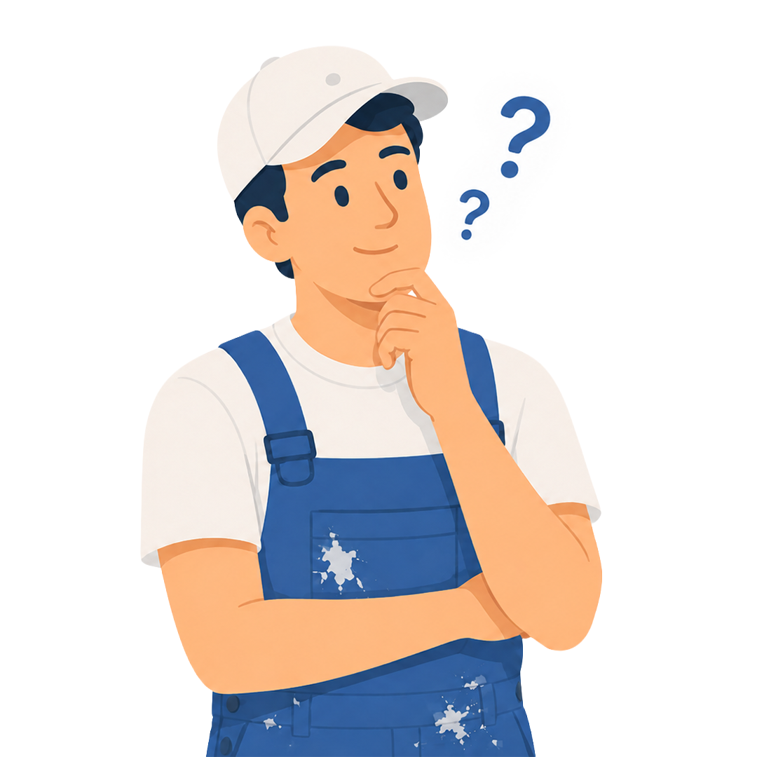 Choosing the Right Lead Generation Strategy for Painters An illustration of a painter in overalls with question marks, contemplating lead generation options.