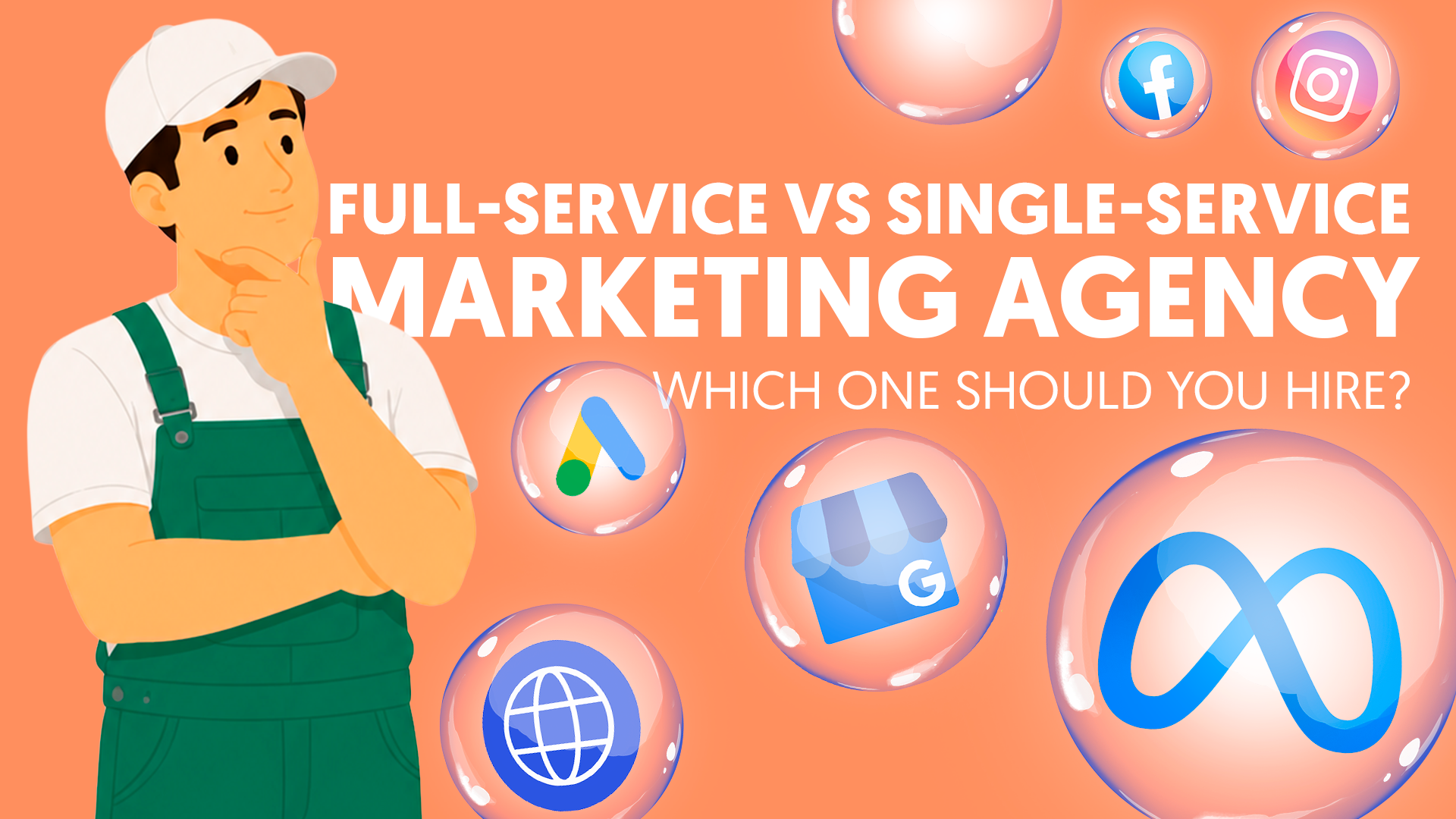 Thoughtful painter considering full service versus single service marketing agencies for their painting business, surrounded by digital marketing platform logos.