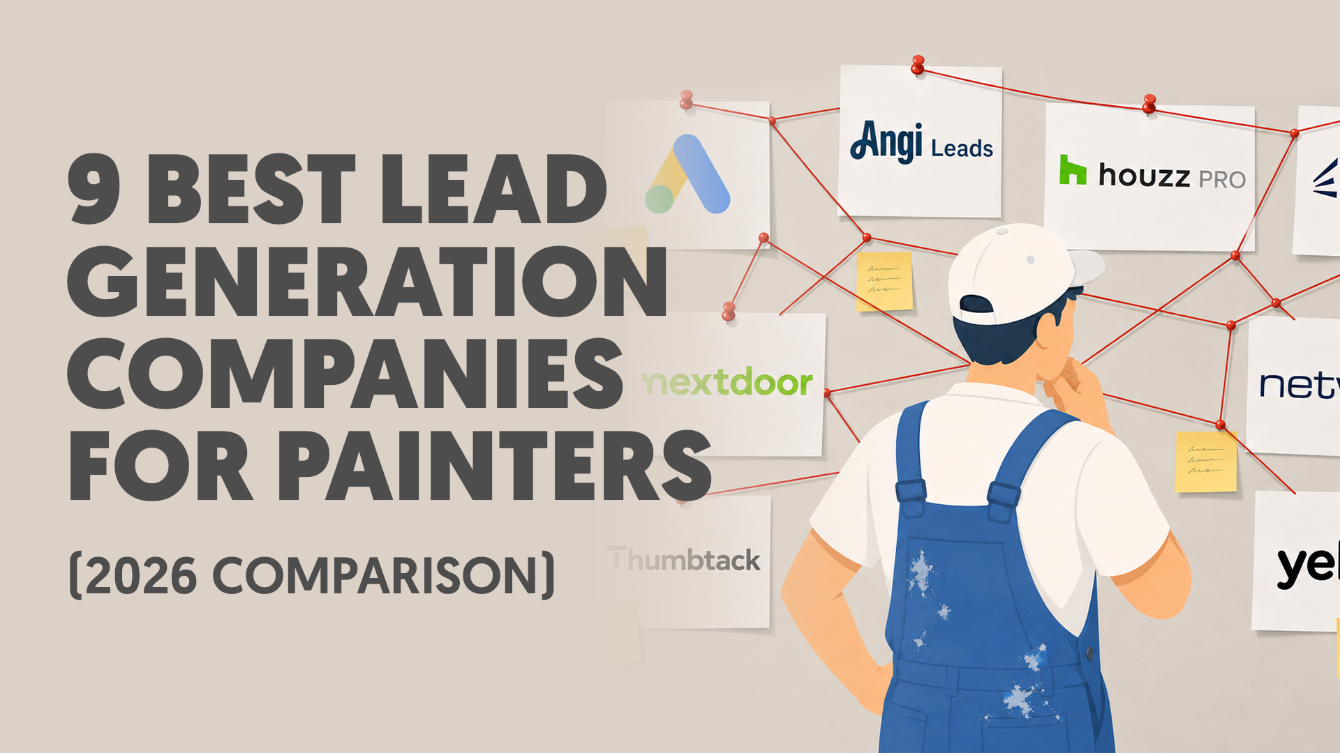 A painter looking at a board titled '9 Best Lead Generation Companies for Painters (2026 Comparison)'.