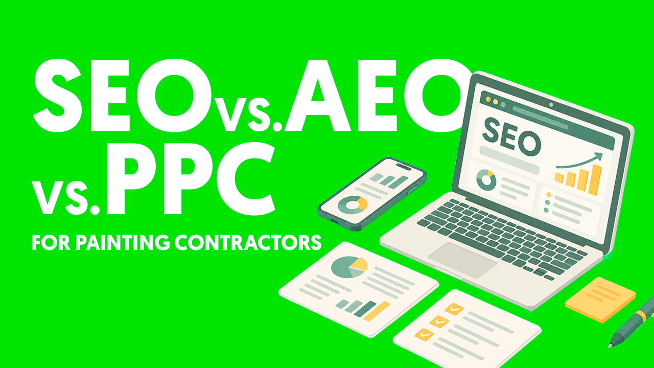 Illustration comparing SEO, AEO, and PPC digital marketing strategies for painting contractors with laptop and phone showing analytics.