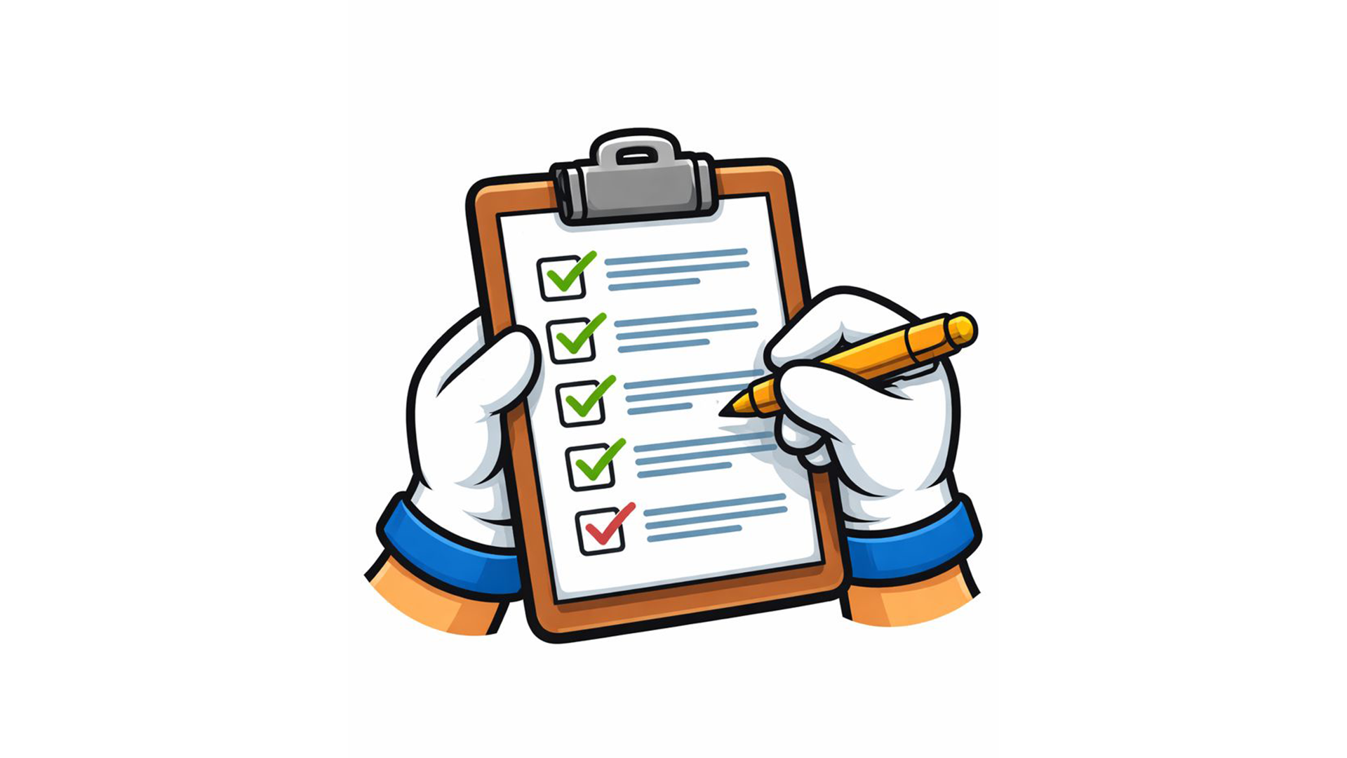 Cartoon hands holding a clipboard with a checklist, showing completed tasks and one item unchecked.