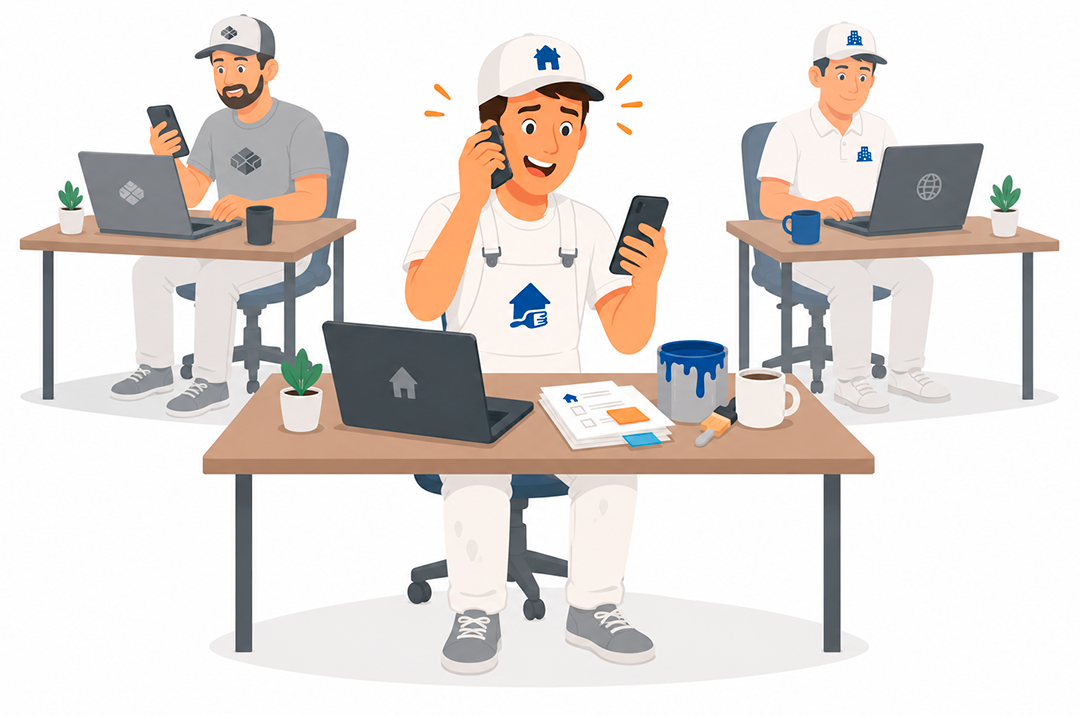 Painting Company Customer Service and Project Management Team Illustration of a painting company's office team actively managing customer inquiries, scheduling painting services, and coordinating projects.