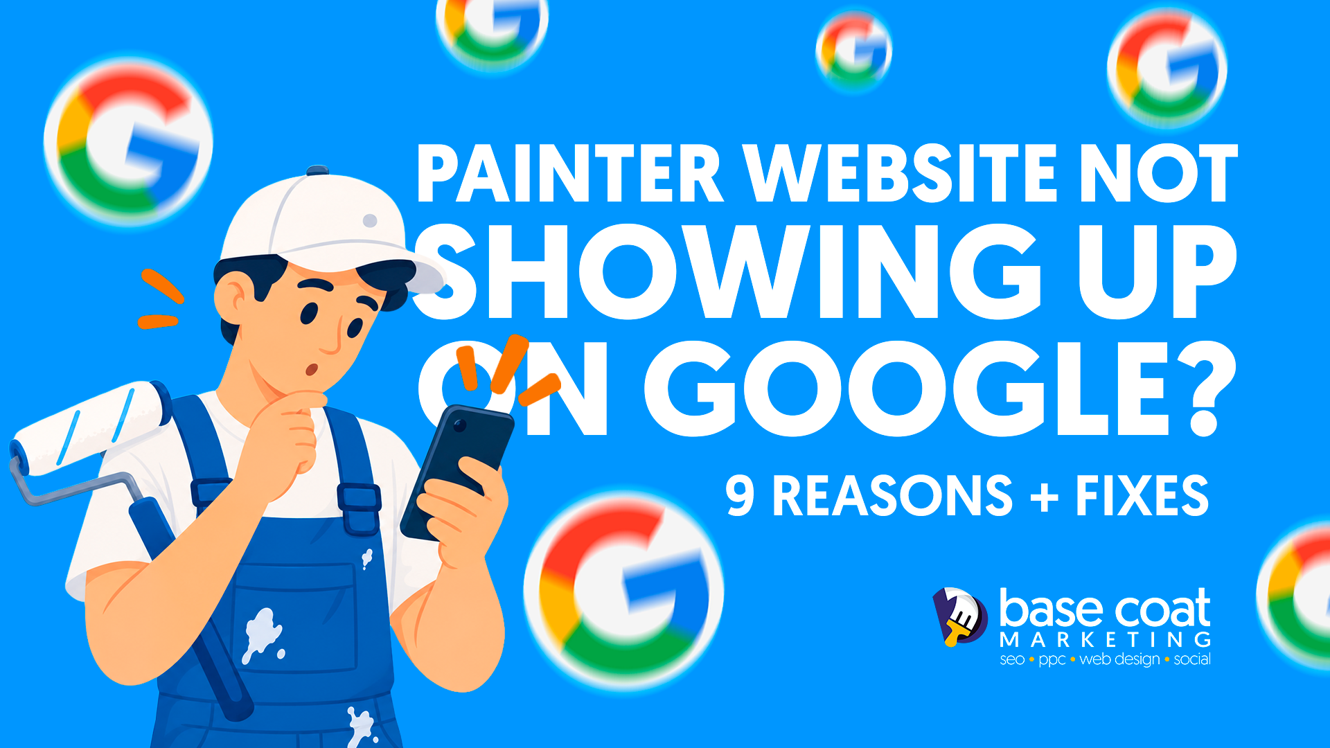 Cartoon painter looking at his phone, wondering why his painting company website isn't ranking on Google.