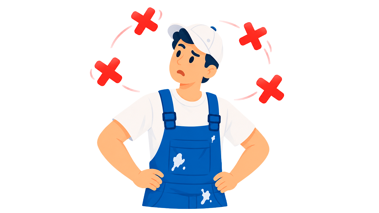 Avoid Common Painting Mistakes With Professional Painters Cartoon painter looking confused with red X marks, representing common DIY painting problems.