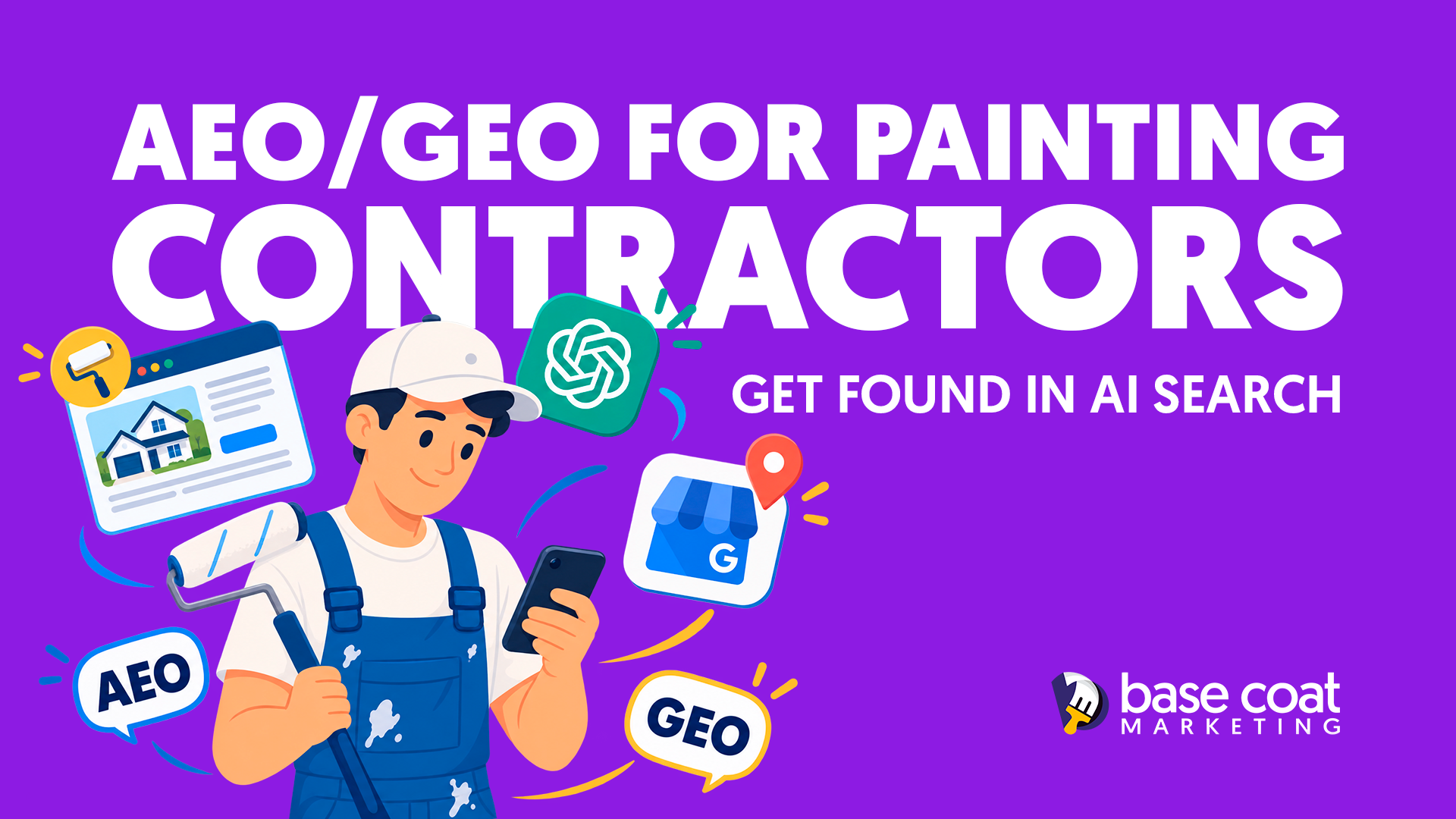 An illustration of a painter surrounded by AEO, GEO, Google My Business, and ChatGPT icons for AI search marketing.