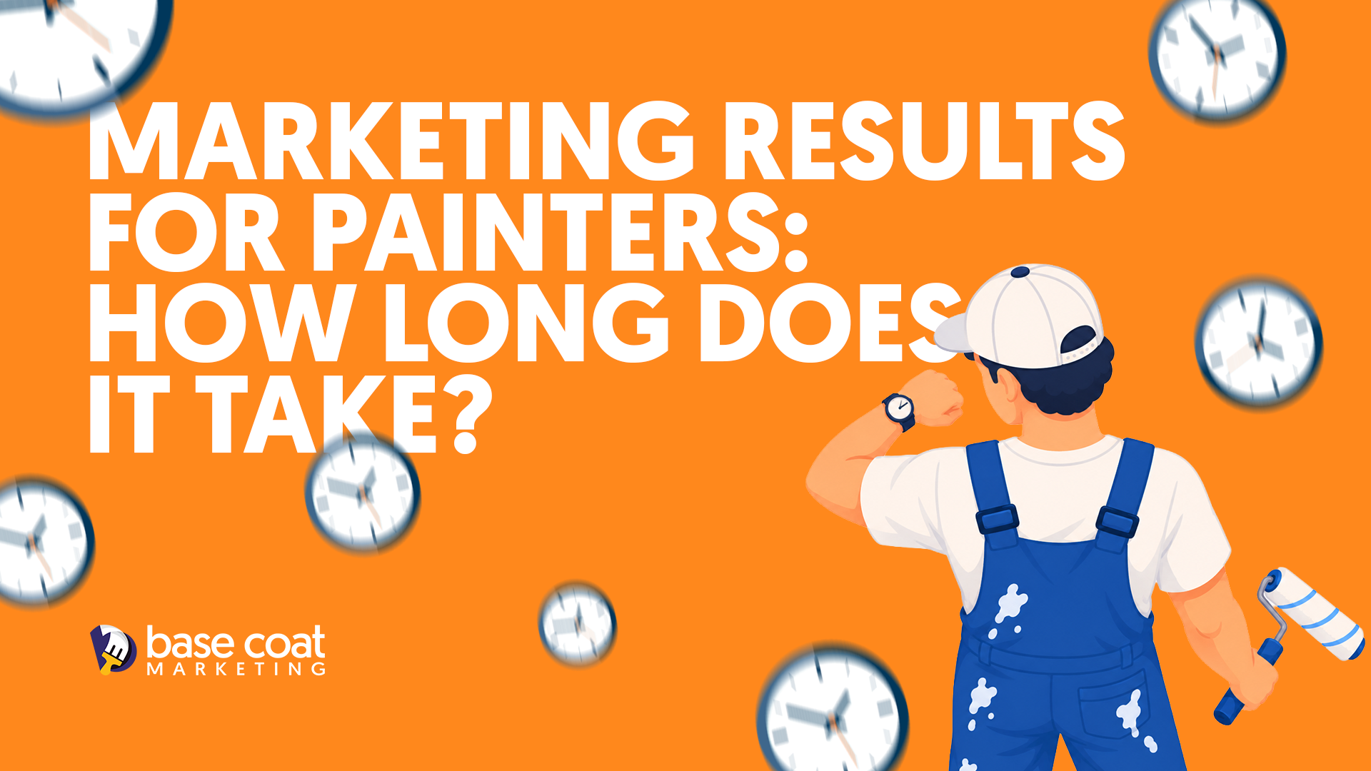 A painter checking his watch, surrounded by clocks, asking about the timeline for marketing results.