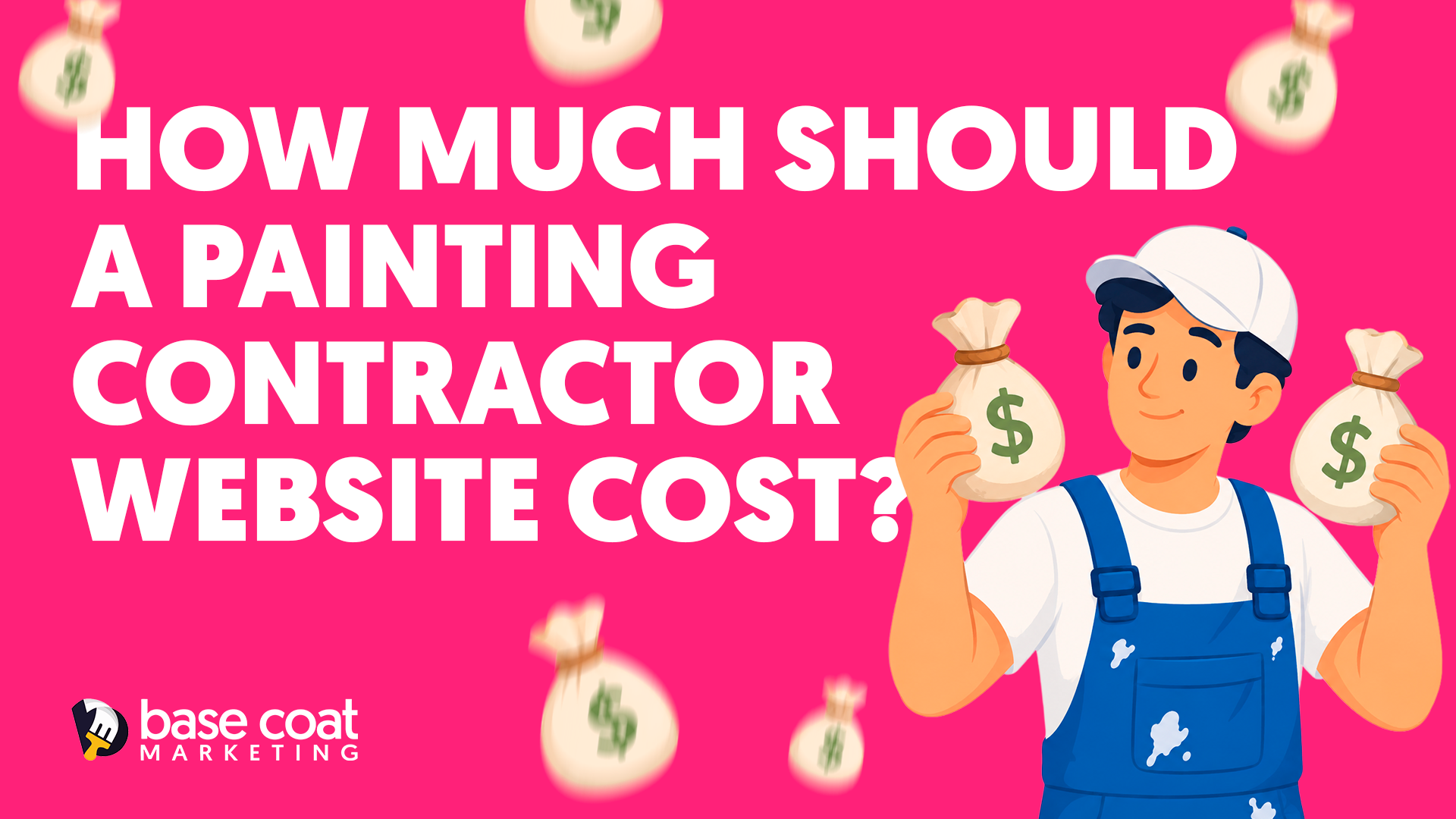 A banner asking 'How much should a painting contractor website cost?' with a painter holding money bags.