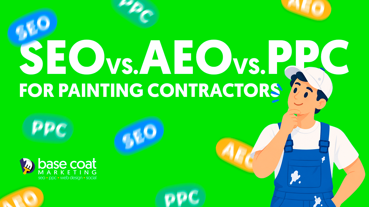 An illustration comparing SEO, AEO, and PPC marketing strategies for painting contractors, featuring a thoughtful painter.