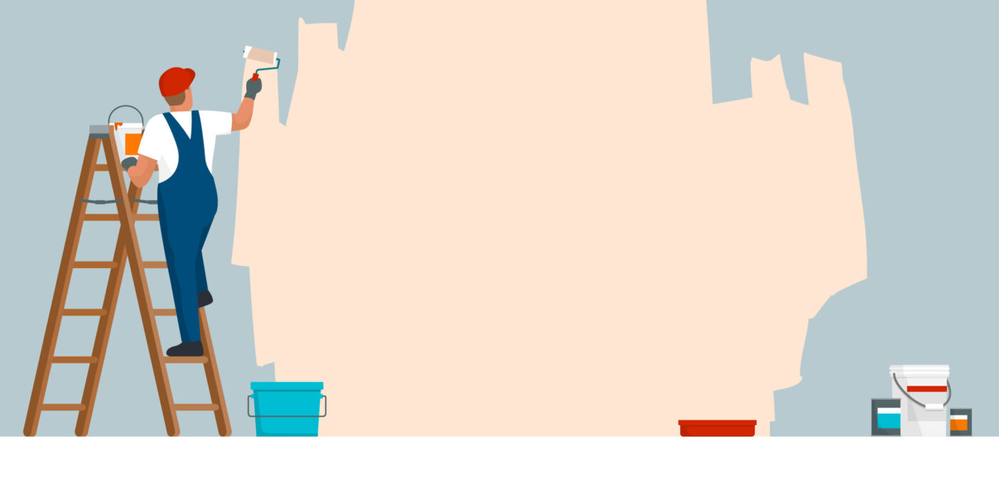 Professional Interior Wall Painting Services A professional painter on a ladder applying a fresh coat of light peach paint to an interior wall.