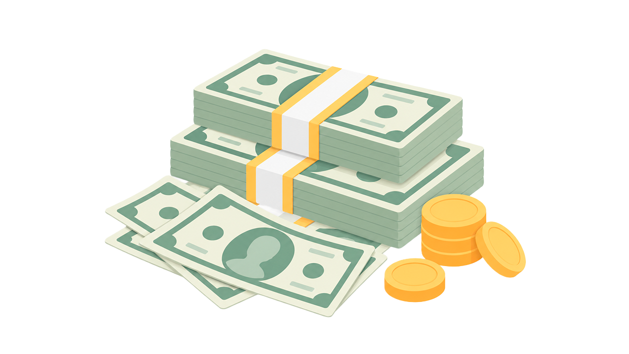 Financial Investment and Returns for Painting Services Stacks of dollar bills and gold coins representing financial investment, costs, or revenue for painting projects.